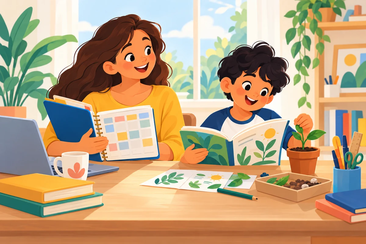 A parent planning while a child explores learning materials