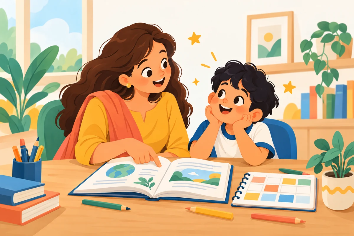 A parent guiding a child through learning at home